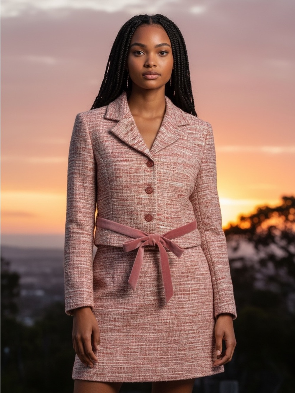 bill blass Pink Tweed Belted Blazer skirt suit set